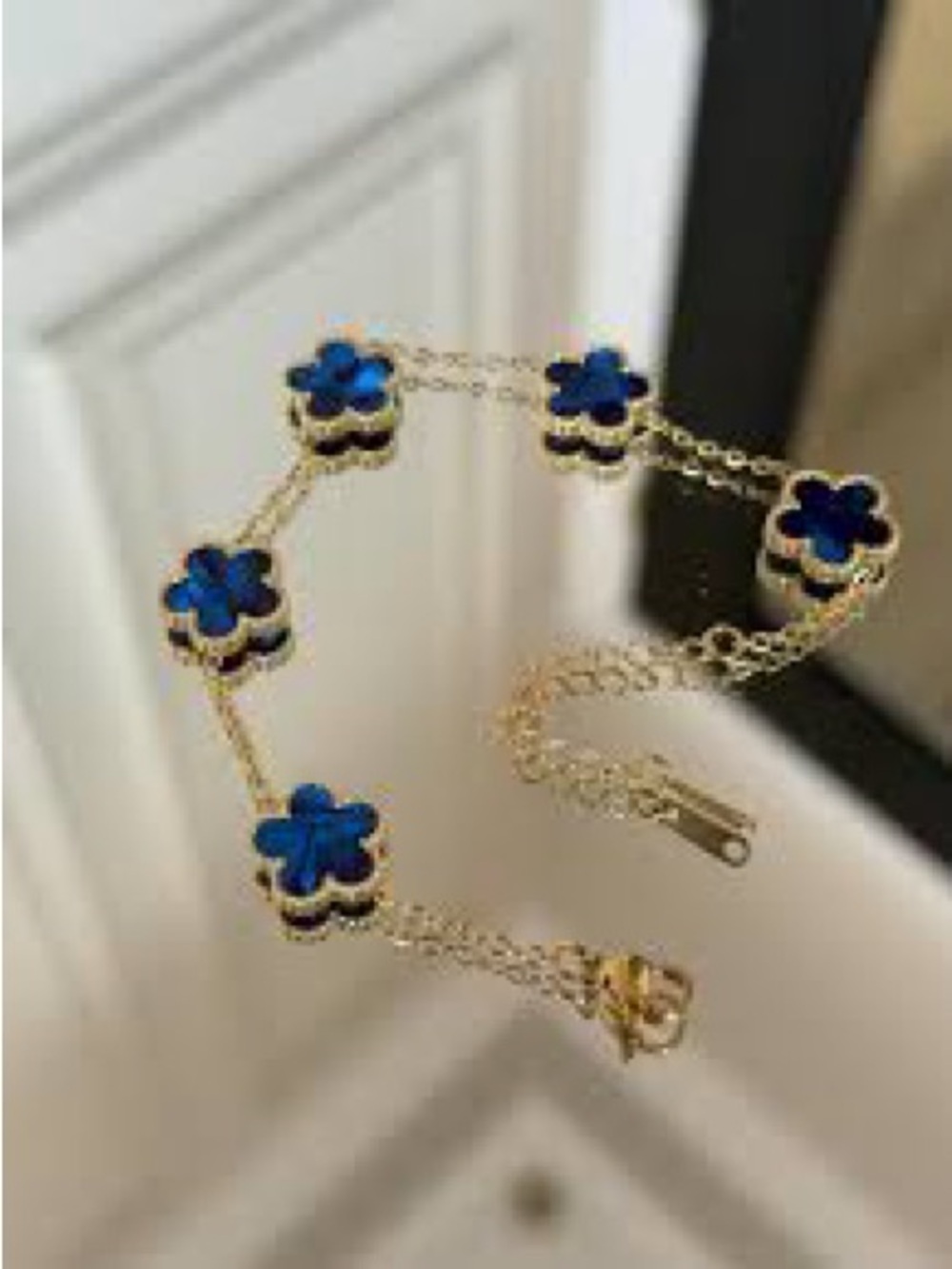 Gold Plated Chain Bracelet with Blue Clover Accents